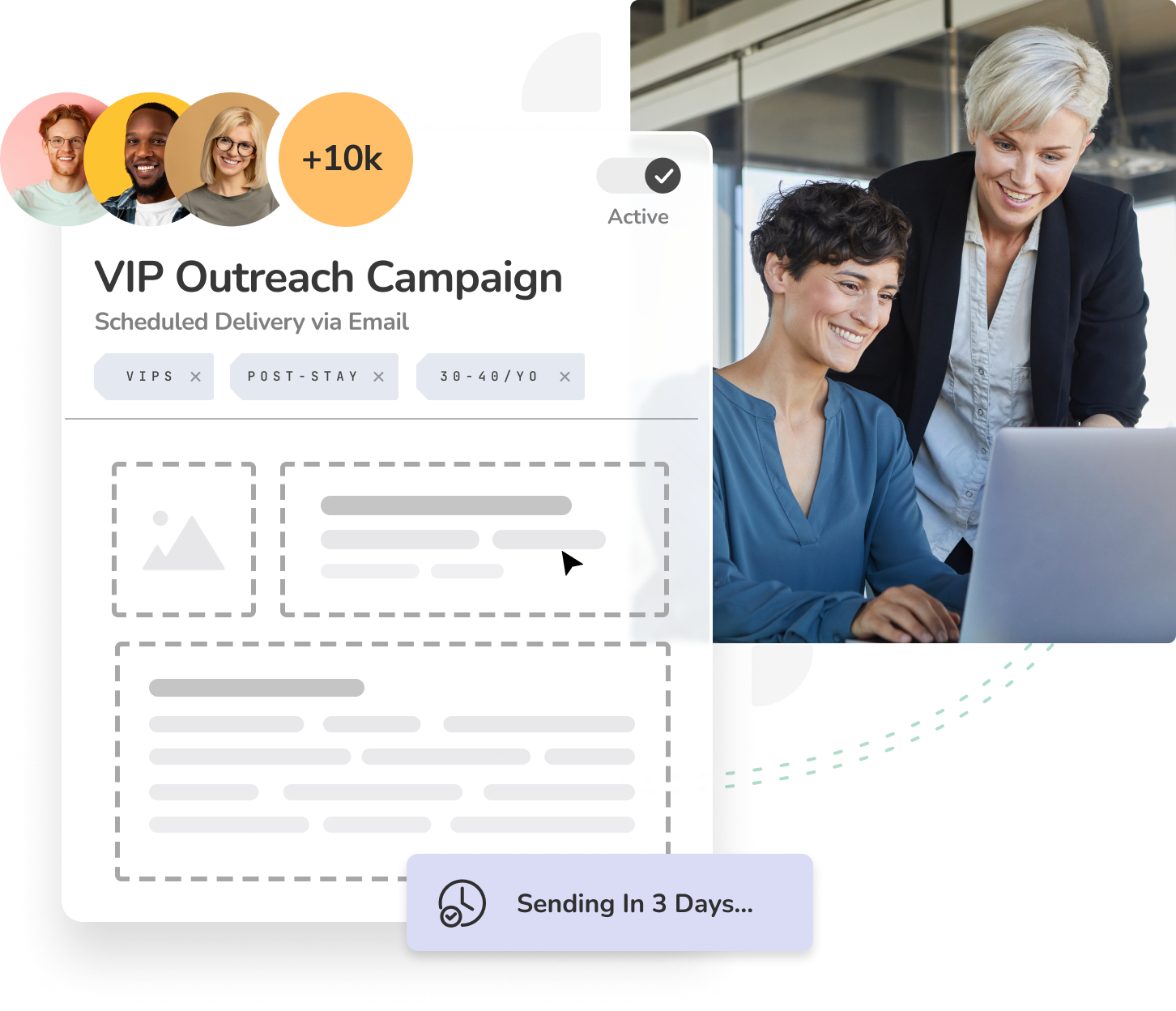 solutions-marketing-infographic Visualization of Revinate's rich guest profile next to an image of two women working together on a computer.