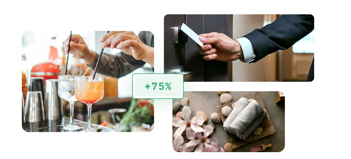 home-hero-drive_revenue@2x Collection of upsell offer ideas: 2 drinks at the hotel bar, someone using a keycard to check in early, and towels next to stones for a spa experience.
