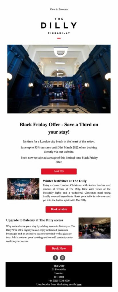 Black Friday email campaign from the Dilly Piccadilly