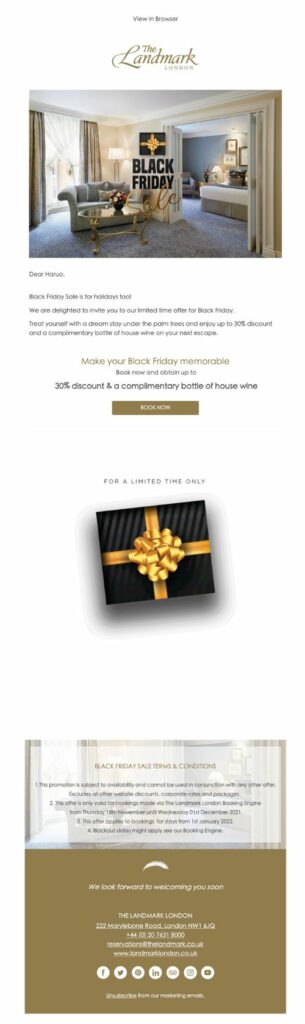 Black Friday email campaign from The Landmark London