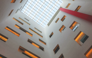 A ground-up view reveals a hotel skylight.