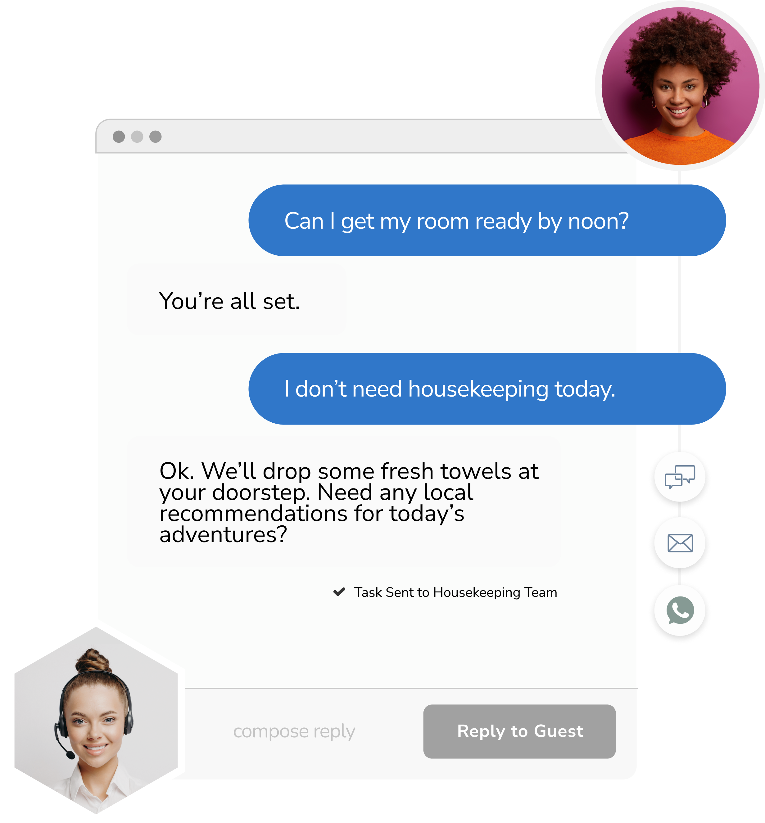 messaging-infographic@2x Headshot of a hotel staff member and a headshot of a guest with a phone screen displaying a text conversation made possible with Ivy, Revinate's text messaging solution.