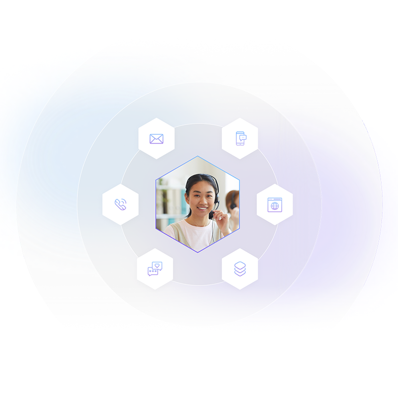 omnichannel-infographic Picture of a hotel staff member surrounded by different communication channel icons, illustrating an omni-channel approach.