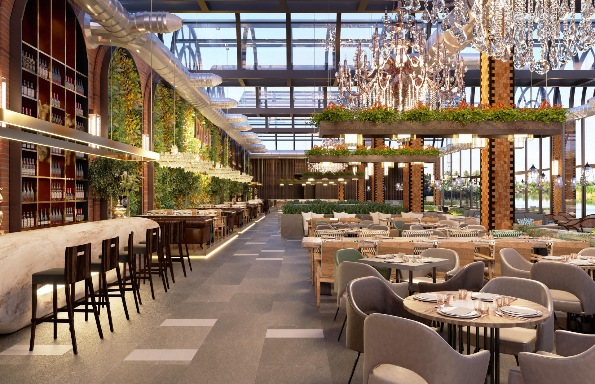A hotel dining room is decorated with chandeliers and hanging plants.