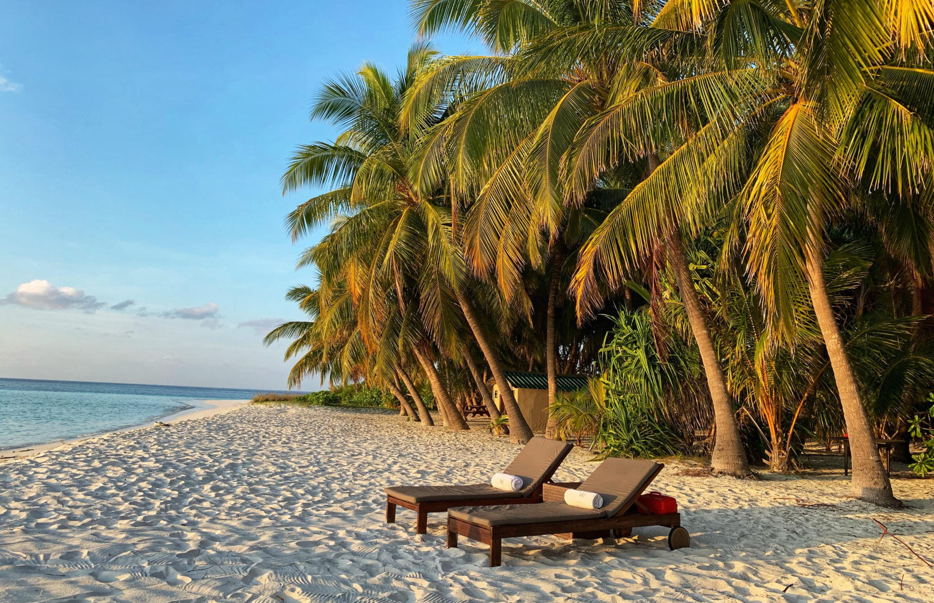Two hotel beach chairs with rolled-up towels are positioned on the beach.