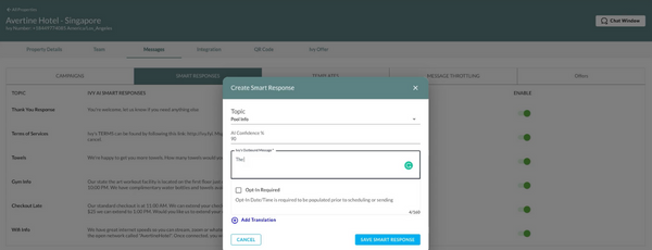 Screenshot showing how to change the AI confidence score for Revinate Ivy's smart responses