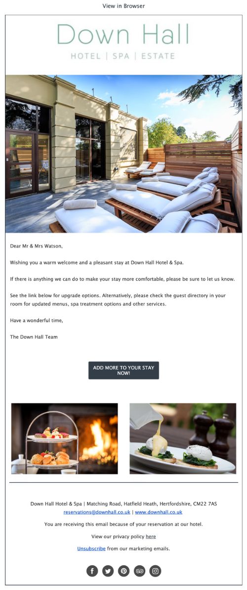 Welcome letter from Down Hall Hotel & Spa in the UK