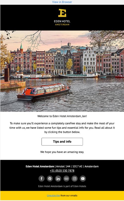 Welcome email from the Eden Hotel in Amsterdam