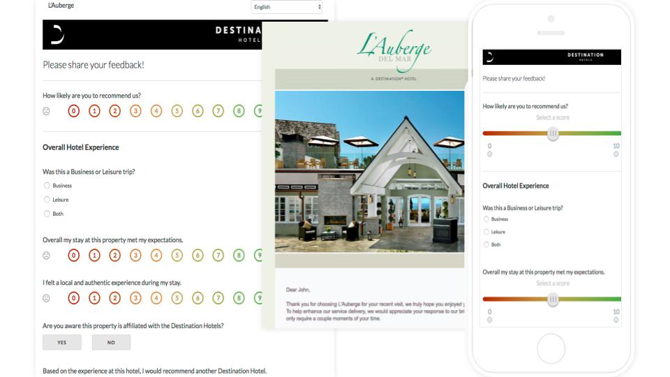 Guest surveys Headshot of a hotel staff member and a headshot of a guest with a phone screen displaying a text conversation made possible with Ivy, Revinate's text messaging solution.