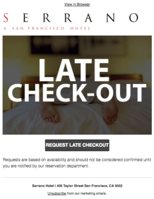 Hotel welcome email with late check-out offer from the Serrano in San Francisco