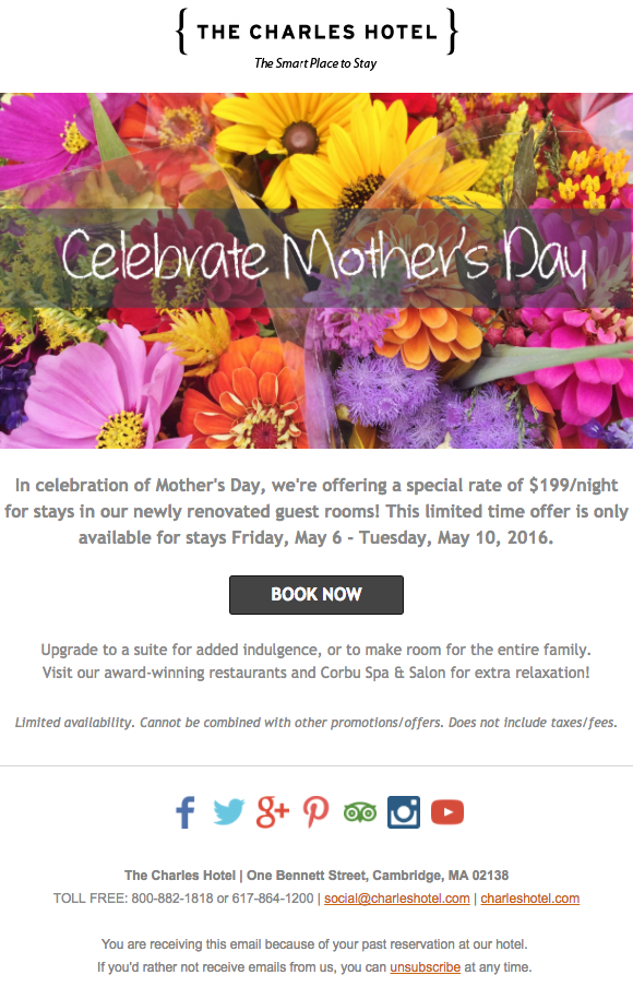 Example of a Mothers Day email campaign by The Charles Hotel