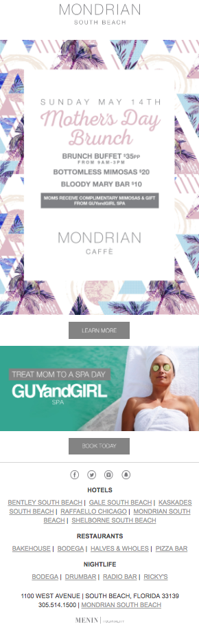 Example of a Mothers Day email campaign by Mondrian South Beach