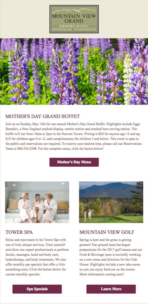 Example of a Mothers Day email campaign by Mountain View Grand