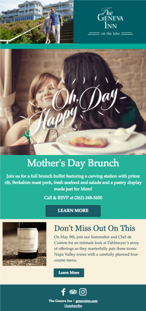 Example of a Mothers Day email campaign by The Geneva Inn