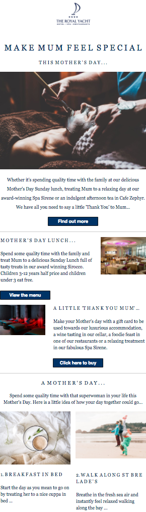 Example of a Mothers Day email campaign by The Royal Yacht Hotel