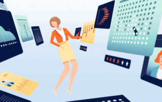 An animated depiction of a guest assessing hotel information.
