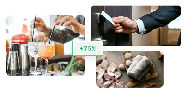revinate-drives-revenue-600px Collection of upsell offer ideas: 2 drinks at the hotel bar, someone using a keycard to check in early, and towels next to stones for a spa experience.