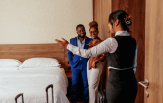 Guests are welcomed into their hotel room.