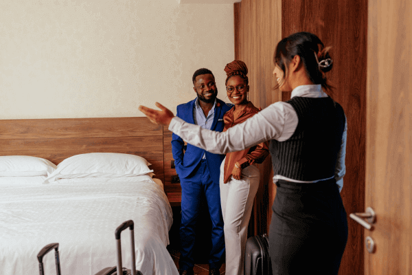 Guests are welcomed into their hotel room.