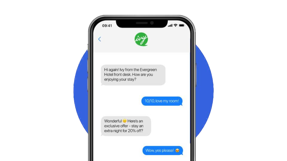 Headshot of a hotel staff member and a headshot of a guest with a phone screen displaying a text conversation made possible with Ivy, Revinate's text messaging solution.