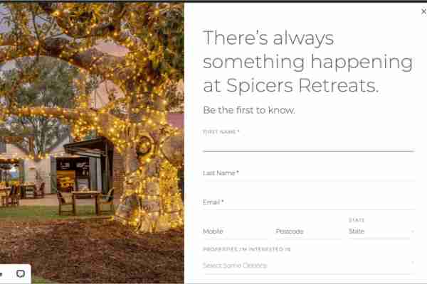 Email sign up form on Spicers Retreats' website