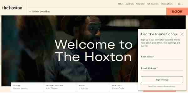 Email sign up form on The Hoxton's website