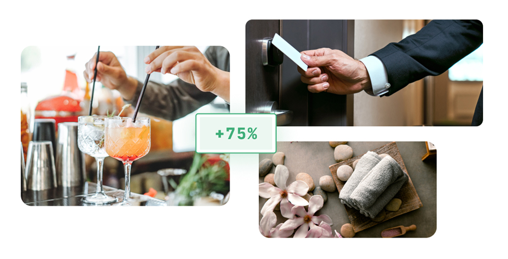 revinate-drives-hotel-revenue-1000px Collection of upsell offer ideas: 2 drinks at the hotel bar, someone using a keycard to check in early, and towels next to stones for a spa experience.