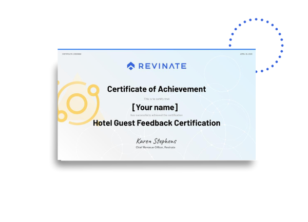 Revinate's Hotel guest feedback exam completion certificate