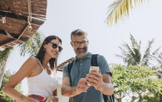 Woman and man on honeymoon trip.