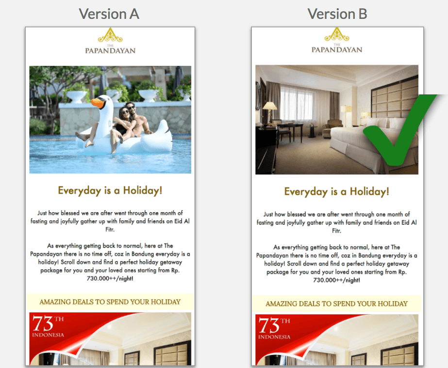 A/B Testing hotel email marketing example