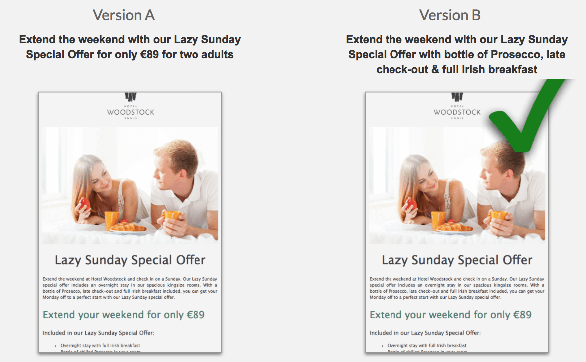 A/B Testing - subject line hotel email marketing example