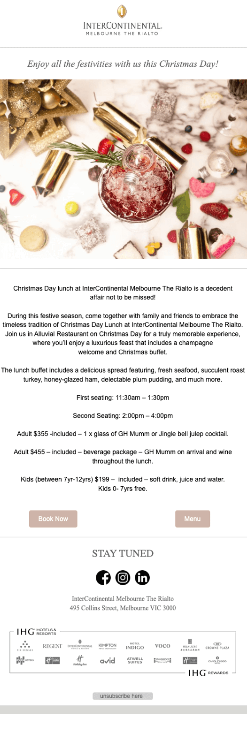 Email campaign example from the Intercontinental Melbourne The Rialto