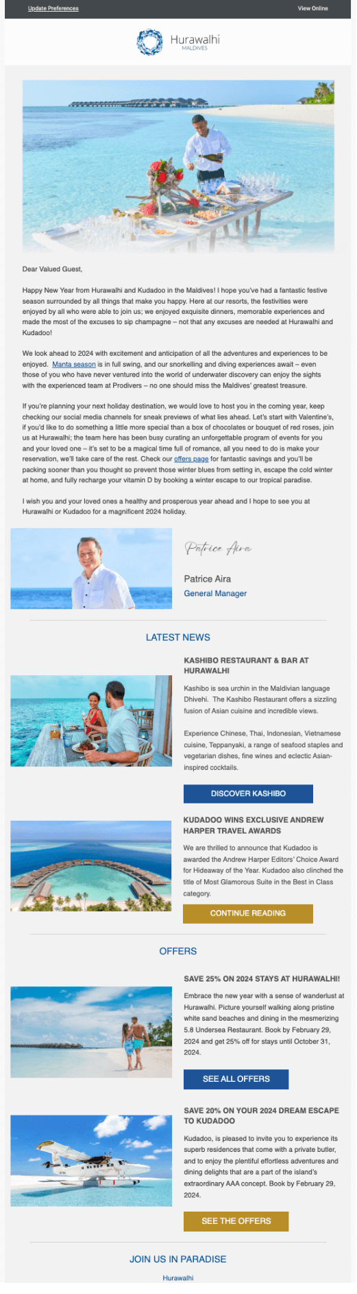 Email Marketing campaign from Crown & Champa Resorts