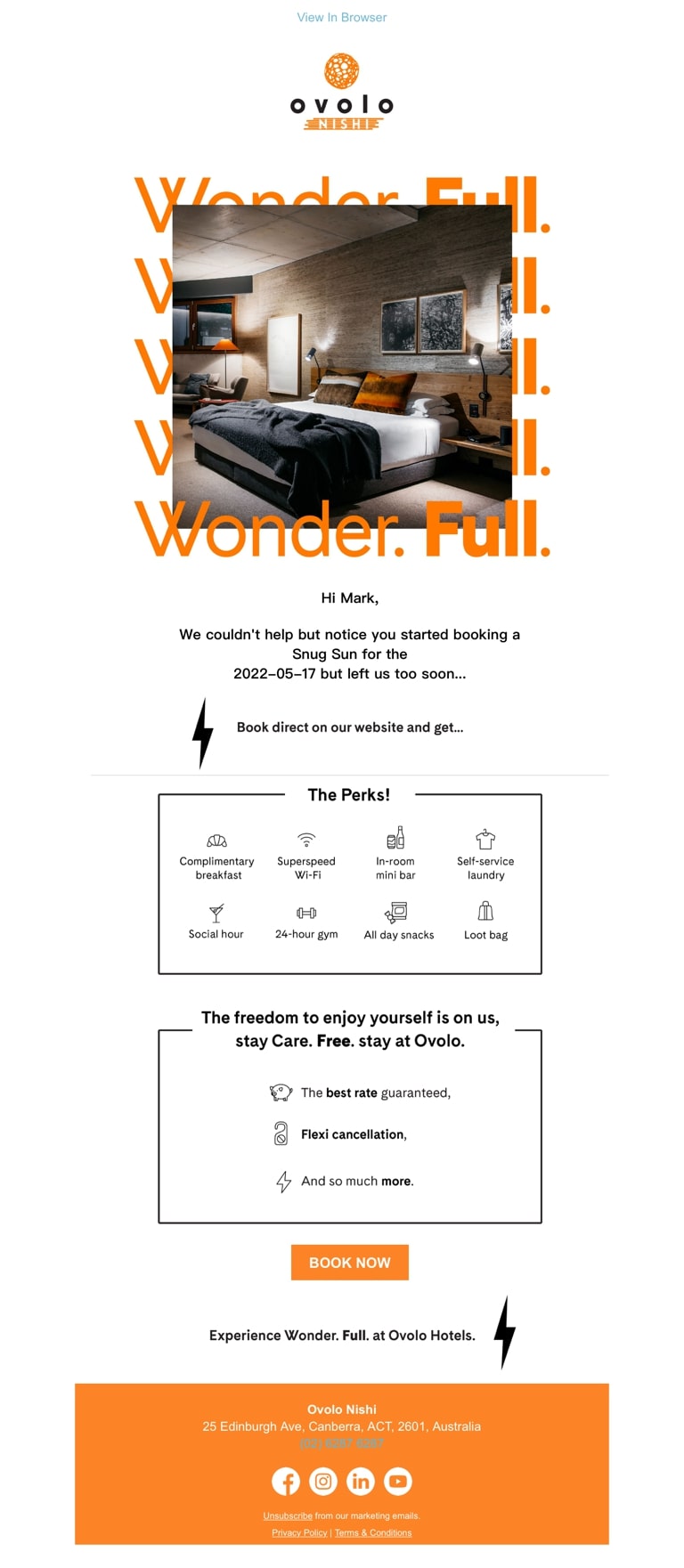 Cart abandonment campaign by Ovolo Hotels