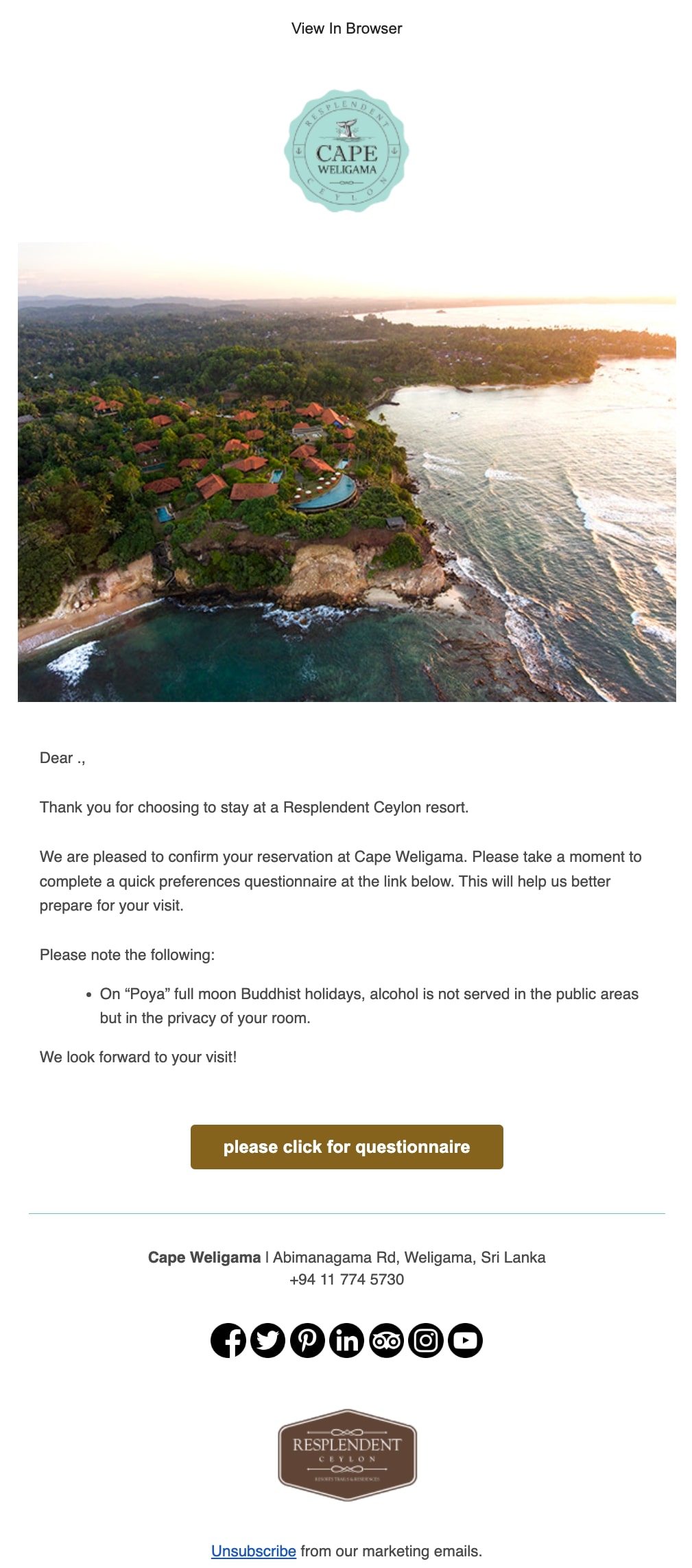 Pre-arrival note by Cape Weligama
