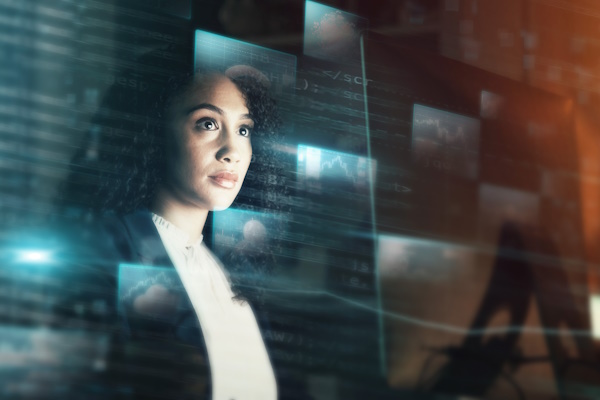 Futuristic, AI and business woman, iot and connectivity, cyber data overlay and technology innovation.