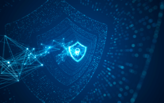 Shield with keyhole floating through cyberspace.