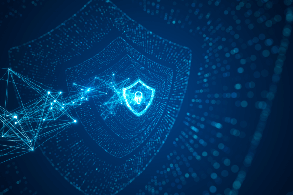 Shield with keyhole floating through cyberspace.