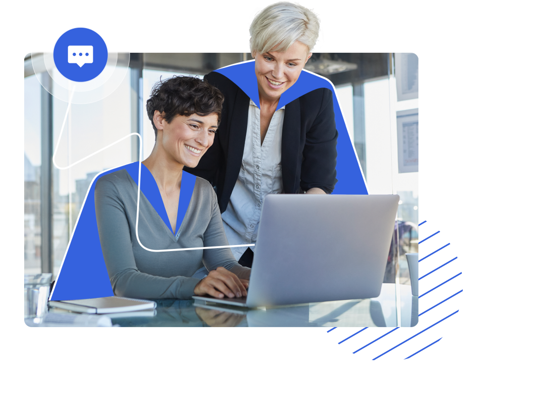 Visualization of Revinate's rich guest profile next to an image of two women working together on a computer. 