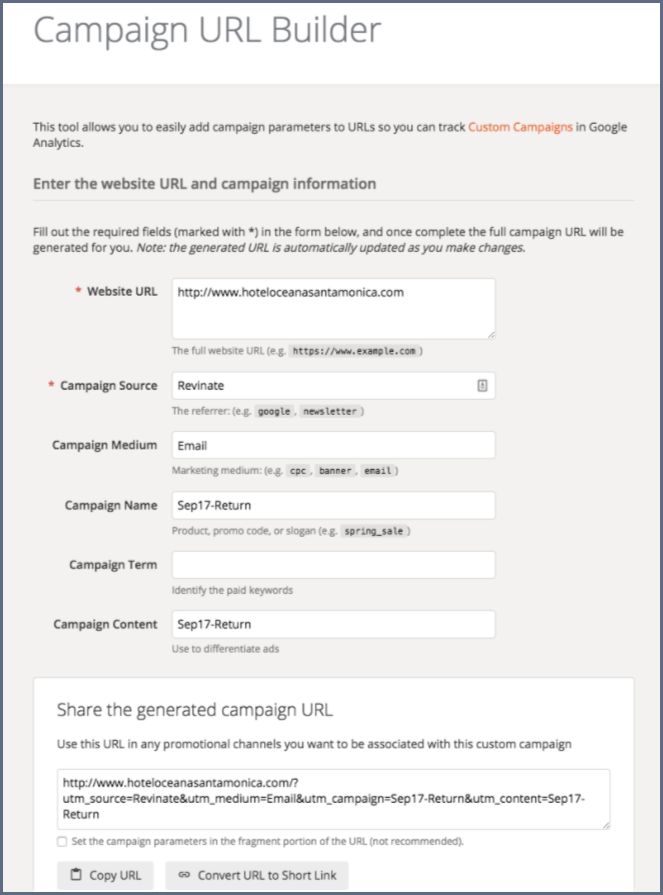 Revinate's revenue attribution model UTM links example