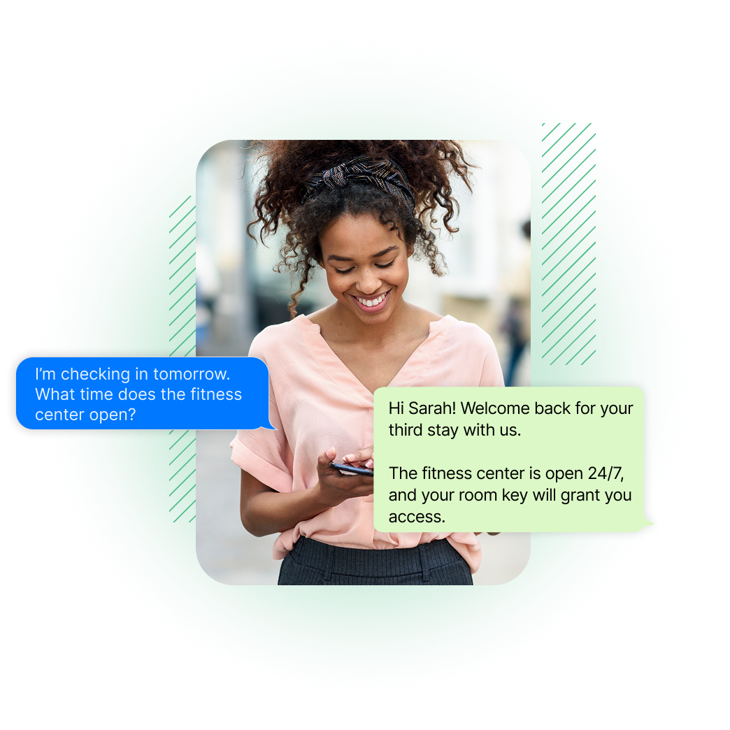 A woman chats with a hotel on her phone.