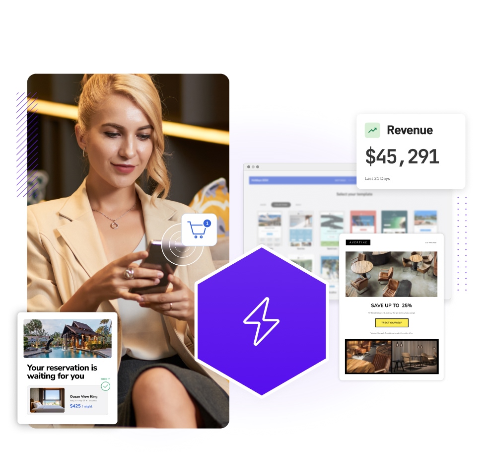 marketing-hero–product The Revinate Marketing logo flanked by email samples and a female hotel guest using her cell phone