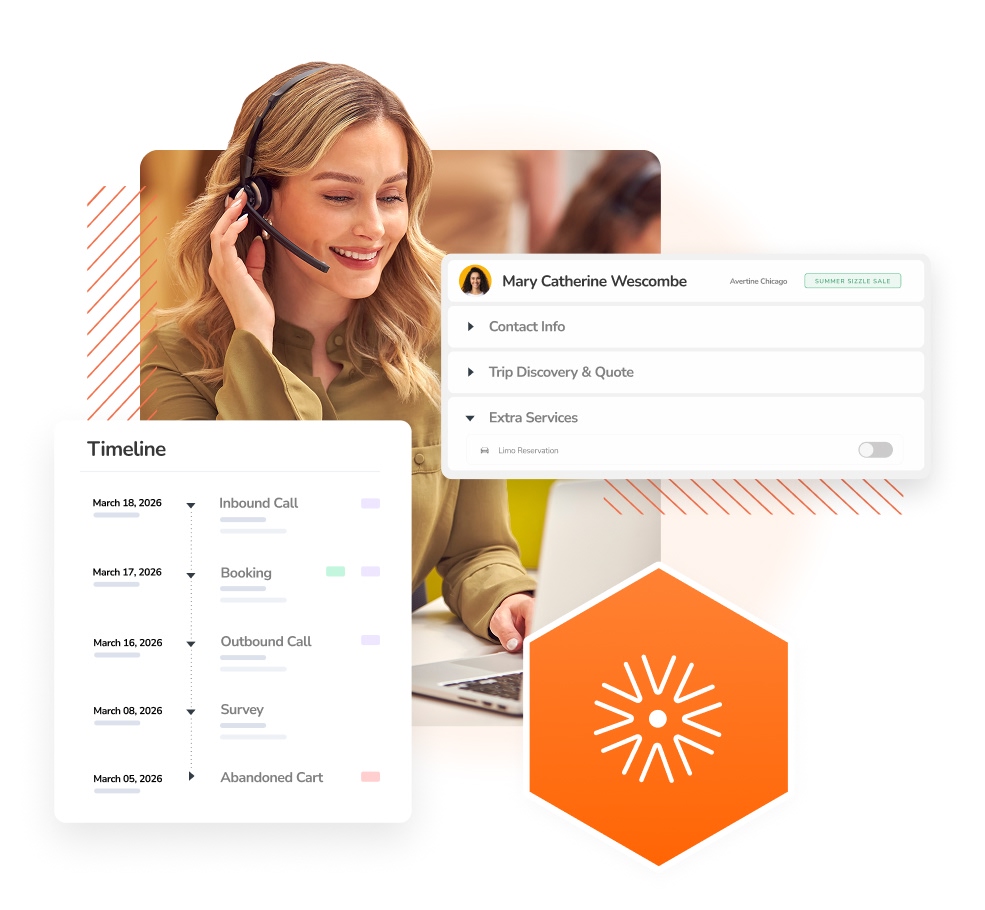 ressales-hero–product Female Reservation Sales agent with headset and laptop.