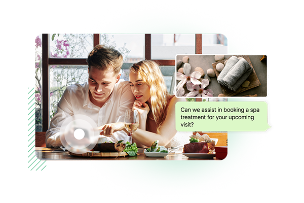 A man and woman chat with hoteliers about spa services A man and woman chat with hoteliers about spa services