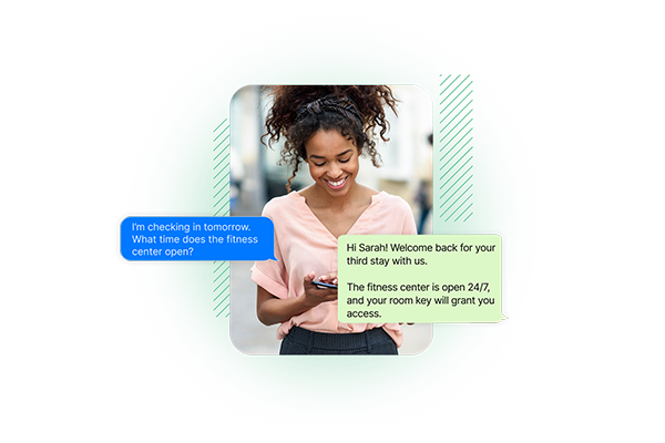 A woman chats with a hotel via text messaging on her cell phone A woman chats with a hotel via text messaging on her cell phone