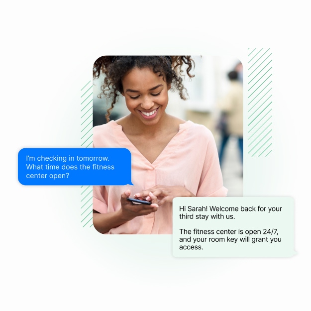 A woman chats with hoteliers via text messaging on her cell phone