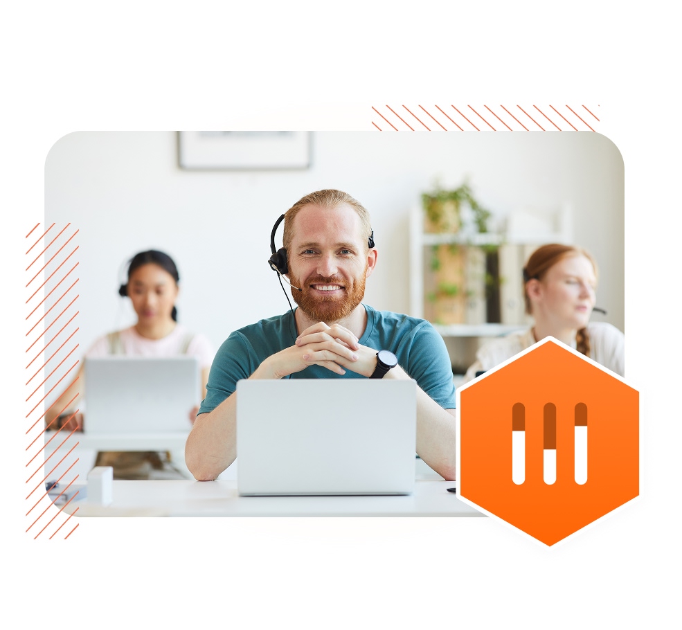 A team of reservation sales agents with laptops
