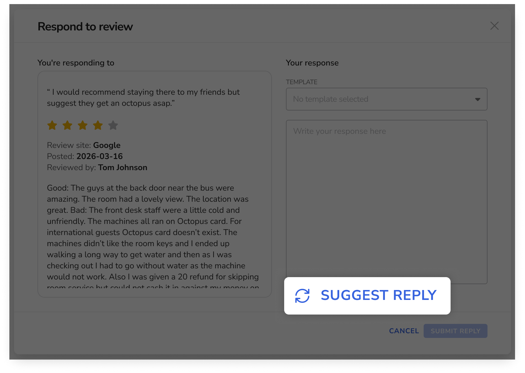 Feedback Suggest Review Response screenshot
