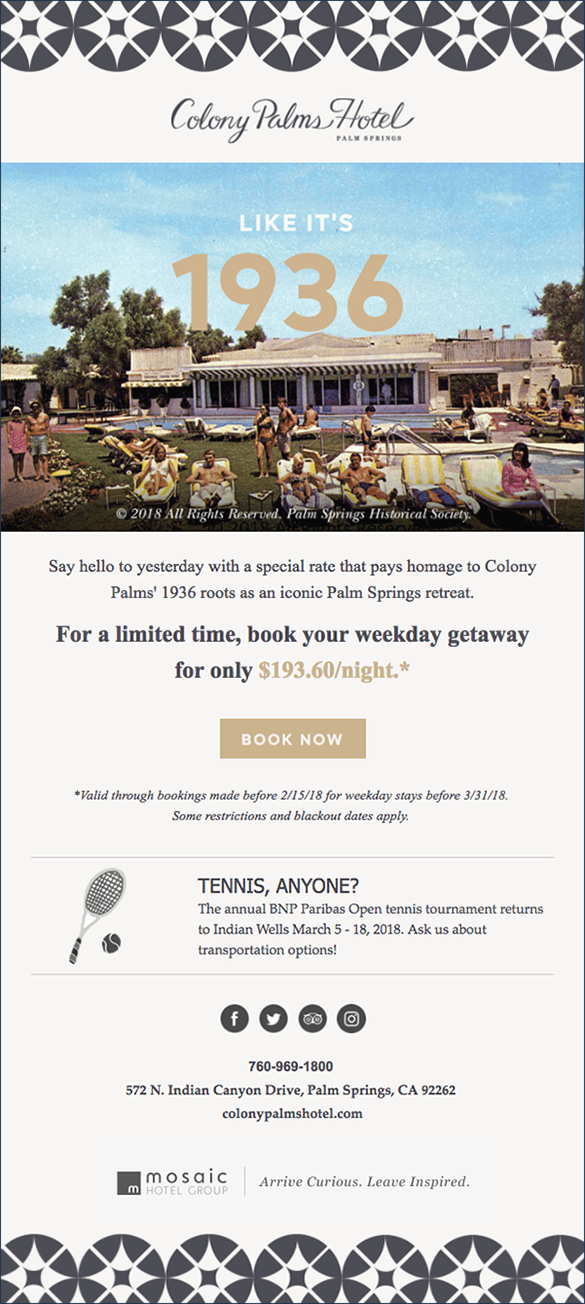 Colony Palms Hotel rate discount email marketing campaign