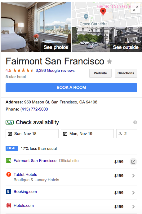 Google hotel ads example: Fairmont San Francisco
